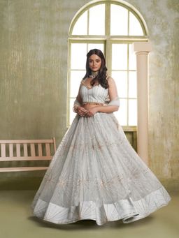 Odette - Off White Net Embroidered Semi Stitched Lehenga with Unstitched Blouse and Dupatta
