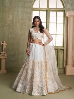 Odette - White Net Embroidered Semi Stitched Lehenga with Unstitched Blouse and Dupatta