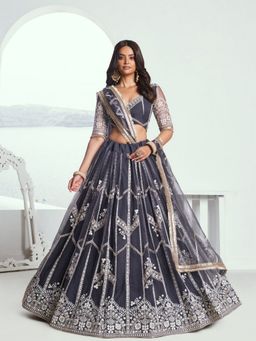Odette - Dark Grey Net Embroidered Semi Stitched Lehenga with Unstitched Blouse and Dupatta