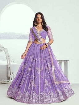 Odette - Lavender Net Embroidered Semi Stitched Lehenga with Unstitched Blouse and Dupatta