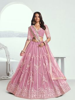 Odette - Pink Net Embroidered Semi Stitched Lehenga with Unstitched Blouse and Dupatta