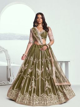 Odette - Olive Net Embroidered Semi Stitched Lehenga with Unstitched Blouse and Dupatta