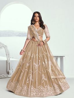 Odette - Beige Net Embroidered Semi Stitched Lehenga with Unstitched Blouse and Dupatta