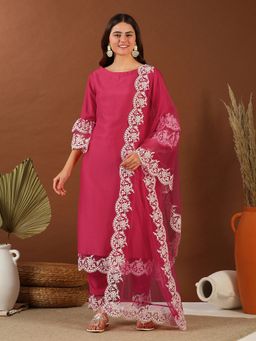 INDDUS - Magenta Silk Blend Thread Work Kurta and Pant with Dupatta