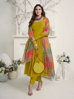 INDDUS - Yellow Silk Blend Plain Kurta and Pant with Dupatta