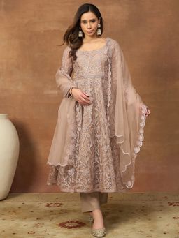 INDDUS - Beige Net Thread Work Kurta and Pant with Dupatta