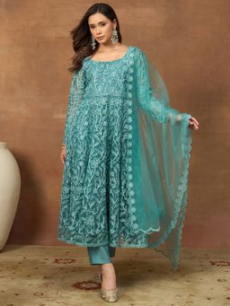 INDDUS - Teal Net Thread Work Kurta and Pant with Dupatta