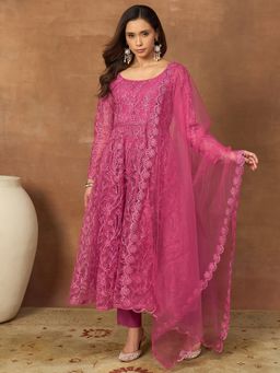 INDDUS - Magenta Net Thread Work Kurta and Pant with Dupatta