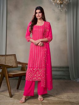 INDDUS - Pink Georgette Thread Work Kurta and Palazzo with Dupatta