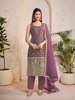 INDDUS - Mauve Silk Blend Zari Kurta and Pant with Dupatta