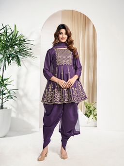 INDDUS - Purple Silk Blend Embellished Kurta and Dhoti with Dupatta