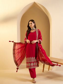 INDDUS - Red Georgette Embellished Kurta and Palazzo with Dupatta