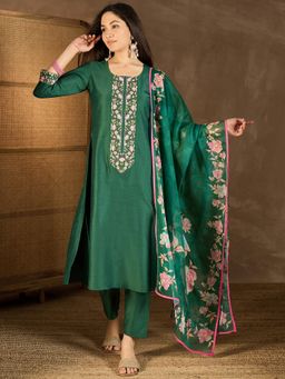 INDDUS - Green Silk Blend Thread Work Kurta and Pant with Dupatta