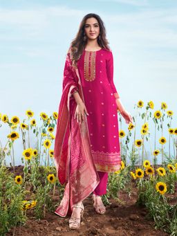 INDDUS - Magenta Silk Blend Mirror Work Kurta and Pant with Dupatta