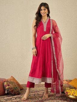 INDDUS - Red Silk Blend Thread Work Kurta and Pant with Dupatta