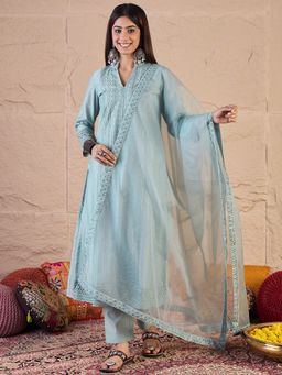 INDDUS - Blue Silk Blend Lace Work Kurta and Pant with Dupatta