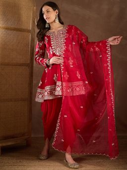 INDDUS - Red Silk Blend Embellished Kurta and Dhoti with Dupatta