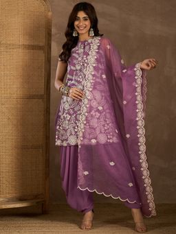 INDDUS - Mauve Georgette Embellished Kurta and Dhoti with Dupatta