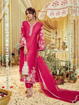 INDDUS - Magenta Silk Blend Embellished Kurta and Pant with Dupatta