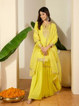 INDDUS - Yellow Georgette Embellished Kurta and Sharara with Dupatta