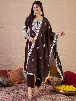 INDDUS - Brown Cotton Thread Work Kurta and Pant with Dupatta