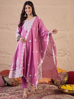 INDDUS - Pink Cotton Thread Work Kurta and Pant with Dupatta