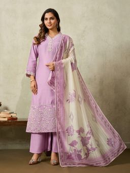 INDDUS - Pink Silk Blend Thread Work Kurta and Palazzo with Dupatta