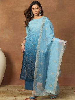 INDDUS - Blue Silk Blend Embellished Kurta and Palazzo with Dupatta