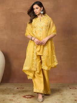 INDDUS - Mustard Silk Blend Embellished Kurta and Palazzo with Dupatta
