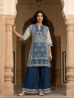 KAFTANIZE - Navy Blue Floral Embellished Kurta with Palazzo