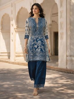 KAFTANIZE - Navy Blue Floral Embellished Kurta with Palazzo