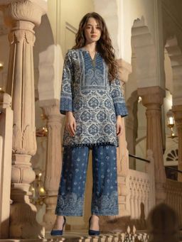 KAFTANIZE - Navy Blue Floral Embellished Kurta with Palazzo