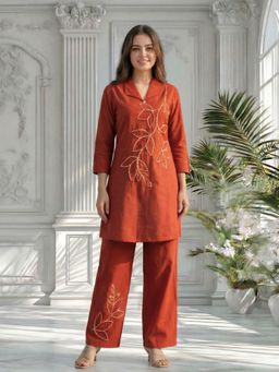 KAFTANIZE - Rust Embroidery Floral Co-Ord Set