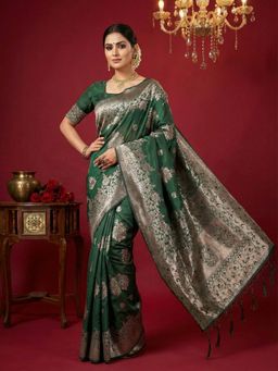 Sutriti - Emerald Green Heavy Silver Zari Weaving Saree with Unstitched Blouse