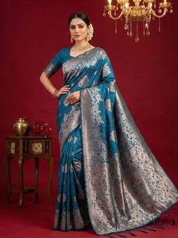Sutriti - Teal Heavy Silver Zari Weaving Saree with Unstitched Blouse