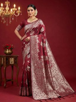Sutriti - Maroon Heavy Silver Zari Weaving Saree with Unstitched Blouse