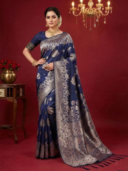 Sutriti - Navy Blue Heavy Silver Zari Weaving Saree with Unstitched Blouse