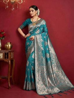 Sutriti - Turquoise Heavy Silver Zari Weaving Saree with Unstitched Blouse
