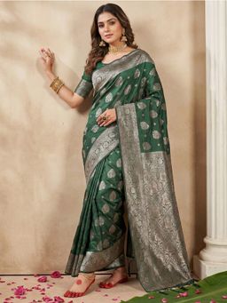 Sutriti - Green Silver Zari Floral Motifs Saree with Unstitched Blouse
