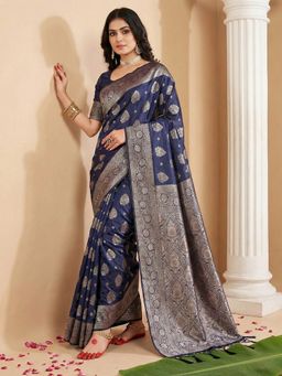 Sutriti - Navy Blue Silver Zari Floral Motifs Saree with Unstitched Blouse