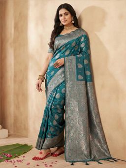 Sutriti - Turquoise Silver Zari Floral Motifs Saree with Unstitched Blouse