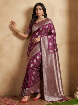 Sutriti - Purple Silver Zari Floral Motifs Saree with Unstitched Blouse
