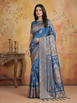 Sutriti - Steel Blue Woven Traditional Rich Border & Heavy Pallu Saree with Unstitched Blouse
