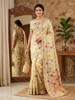 Sutriti - Cream Leaf Printed Lightweight Tassels Saree with Unstitched Blouse