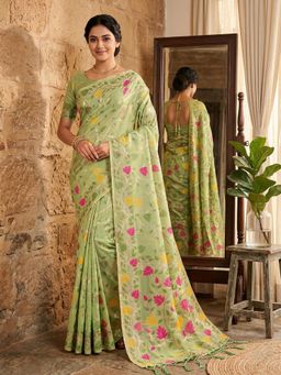 Sutriti - Green Leaf Printed Lightweight Tassels Saree with Unstitched Blouse