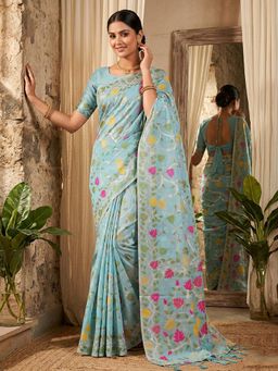 Sutriti - Aqua Leaf Printed Lightweight Tassels Saree with Unstitched Blouse