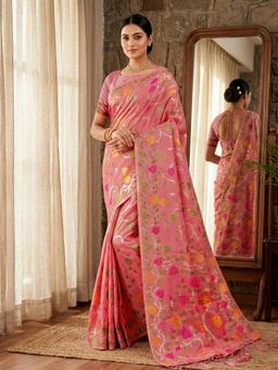 Sutriti - Peach Leaf Printed Lightweight Tassels Saree with Unstitched Blouse
