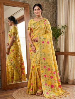 Sutriti - Yellow Leaf Printed Lightweight Tassels Saree with Unstitched Blouse