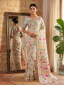 Sutriti - White Leaf Printed Lightweight Tassels Saree with Unstitched Blouse