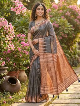 Sutriti - Charcoal Grey Handloom Cotton Tassel Pallu Saree with Unstitched Blouse